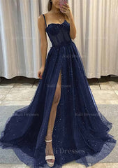 A Line Sweetheart Spaghetti Straps Sweep Train Tulle Glitter Prom Dress With Appliqued