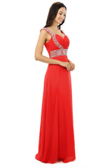 A-line V Neck Chiffon Long Red Prom Dresses