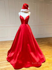 A Line V Neck Red Backless Prom Dresses, Red Backless Long Formal Evening Graduation Dresses