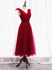 A Line V Neck Red Tea Length Prom Dress with Corset Back, Red Tea Length Formal Graduation Dresses