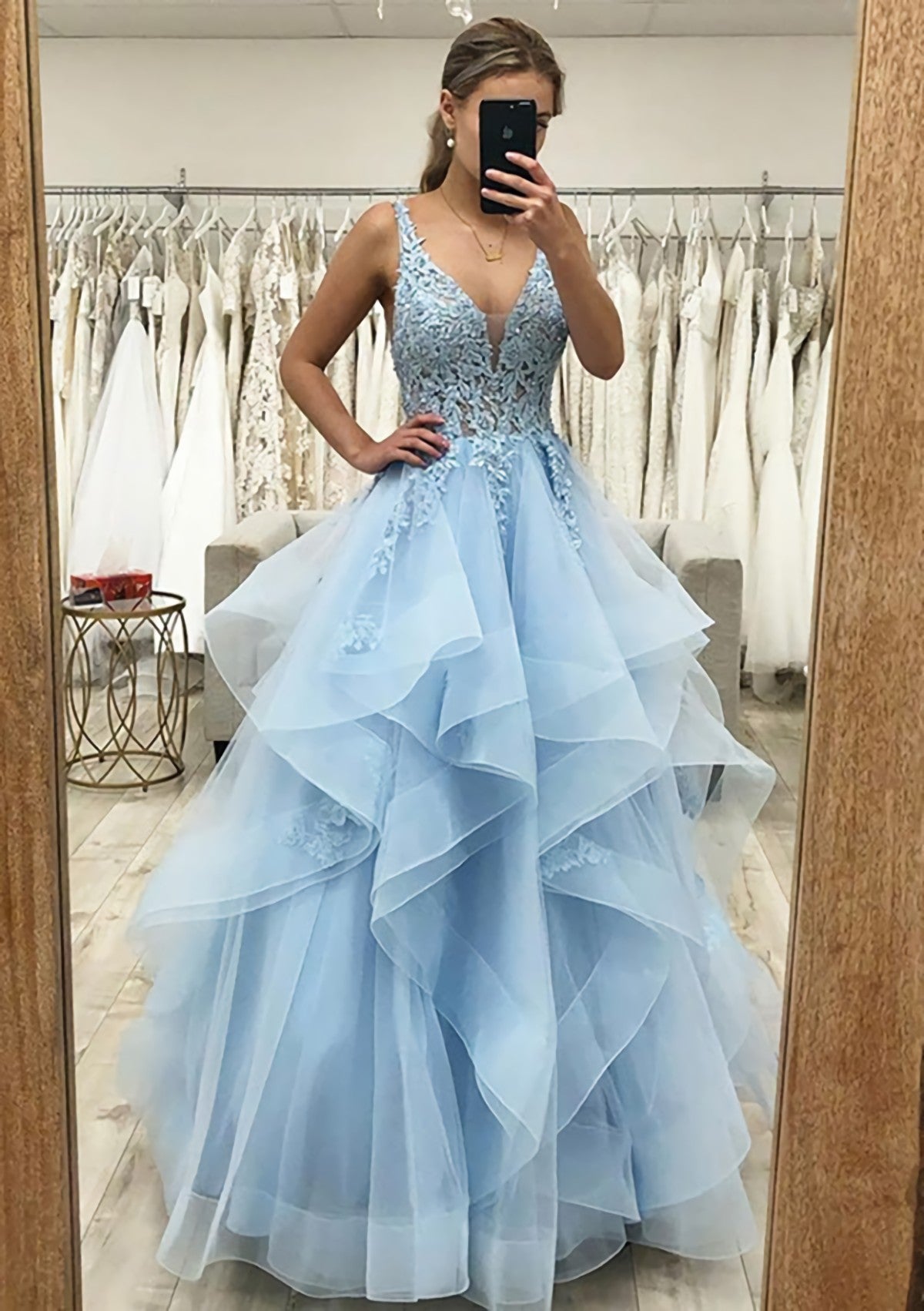 A Line V Neck Sleeveless Long Floor Length Tulle Satin Prom Dress With Lace Appliqued