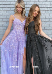 A Line V Neck Spaghetti Straps Long Floor Length Lace Prom Dress With Split