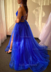 A Line V Neck Spaghetti Straps Sweep Train Tulle Prom Dress With Split