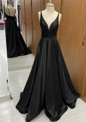 A Line V Neck Sweep Train Satin Prom Dress With Pleated
