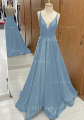A Line V Neck Sweep Train Satin Prom Dress With Pleated