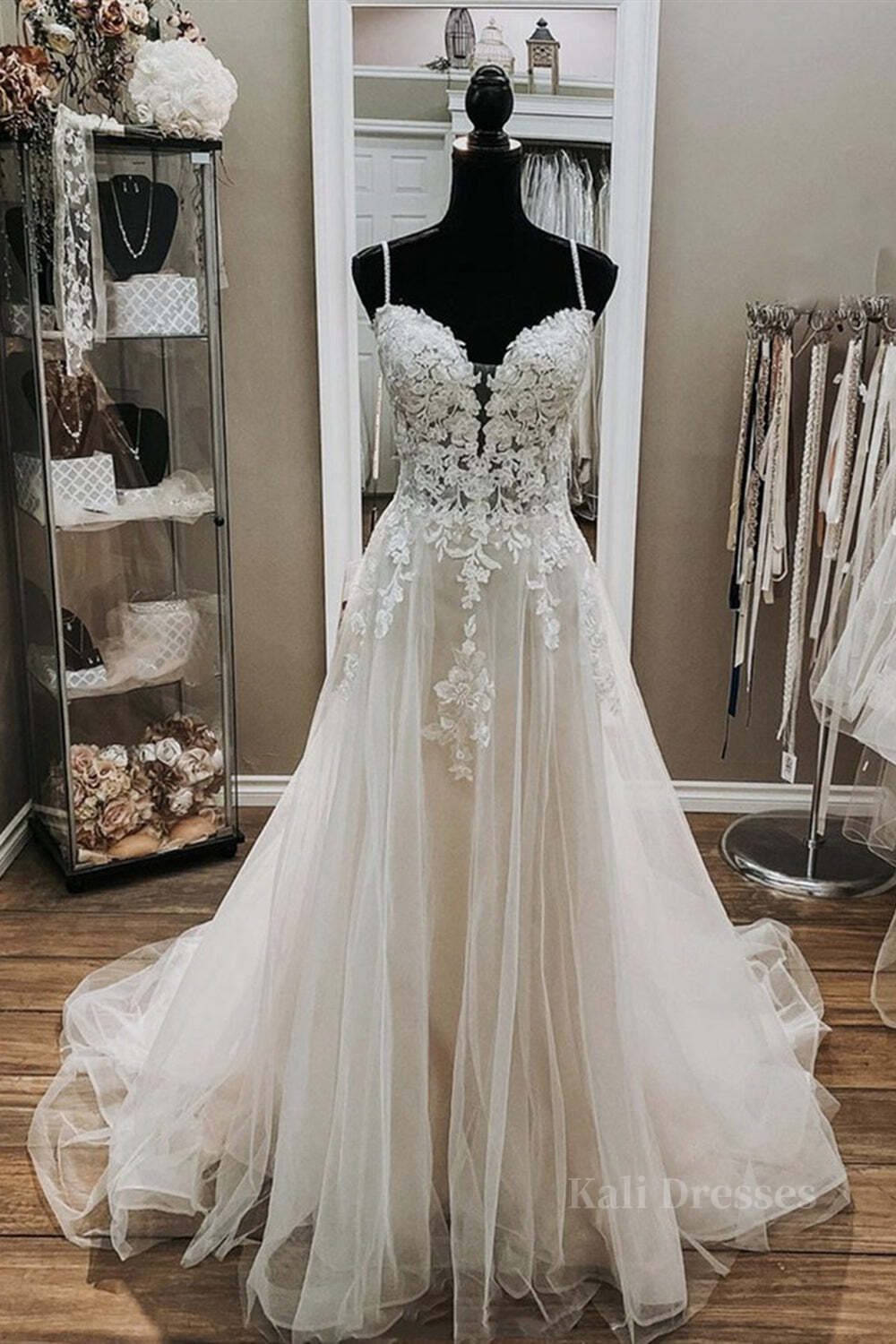 A Line V Neck White Lace Long Prom Wedding Dress, Thin Strap White Lace Formal Dress, White Lace Evening Dress