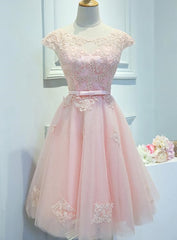 Adorable Pink Knee Length Party Dress, Lace Applique Cute Homecoming Dress