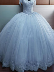 Ball-Gown Off-the-Shoulder Appliques Lace Floor-Length Tulle Dress