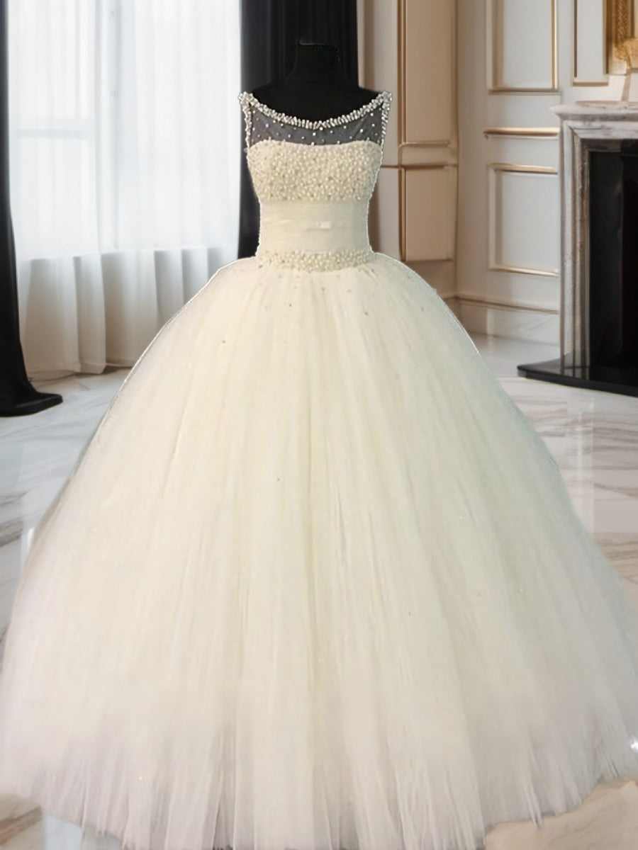 Ball-Gown Scoop Beading Floor-Length Tulle Wedding Dress