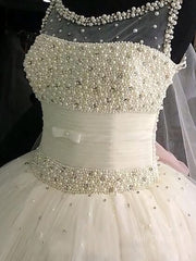 Ball Gown Scoop Floor-Length Tulle Wedding Dresses With Beading