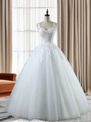 Ball-Gown Sweetheart Applique Floor-Length Tulle Wedding Dress