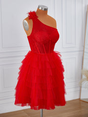 Ball-Gown Tulle One-Shoulder Appliques Lace Corset Short/Mini Dress