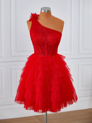 Ball-Gown Tulle One-Shoulder Appliques Lace Corset Short/Mini Dress