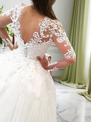 Ball Gown V-neck Cathedral Train Tulle Wedding Dresses With Appliques Lace