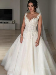 Ball Gown V-neck Court Train Tulle Wedding Dresses With Appliques Lace