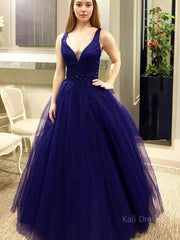 Ball Gown V-neck Floor-Length Tulle Evening Dresses With Beading