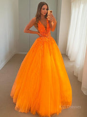 Ball Gown V-neck Floor-Length Tulle Prom Dresses With Appliques Lace