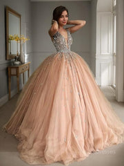 Ball Gown V-neck Sweep Train Tulle Prom Dresses With Beading
