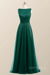 Bateau Green Tulle Long Bridesmaid Dress
