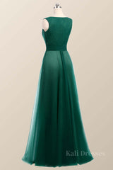 Bateau Green Tulle Long Bridesmaid Dress