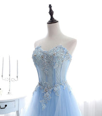 Light Blue Tulle Lace Long Prom Dress, Formal Dress