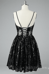 Black A-line V Neck Lace-Up Back Sequins-Embroidered Mini Dress