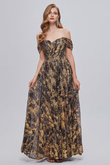 Black and Brown Floral Print Off-the-Shoulder A-Line Long Prom Dress