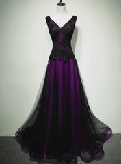 Black and Purple V-neckline A-line Prom Dress, Tulle with Lace Party Dress