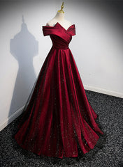Black and Red Satin Off Shoulder Long Junior Prom Dress, A-line Satin Party Dress