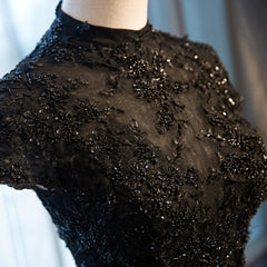 Black Cap Sleeves Long Tulle Party Dress, Black Prom Dress