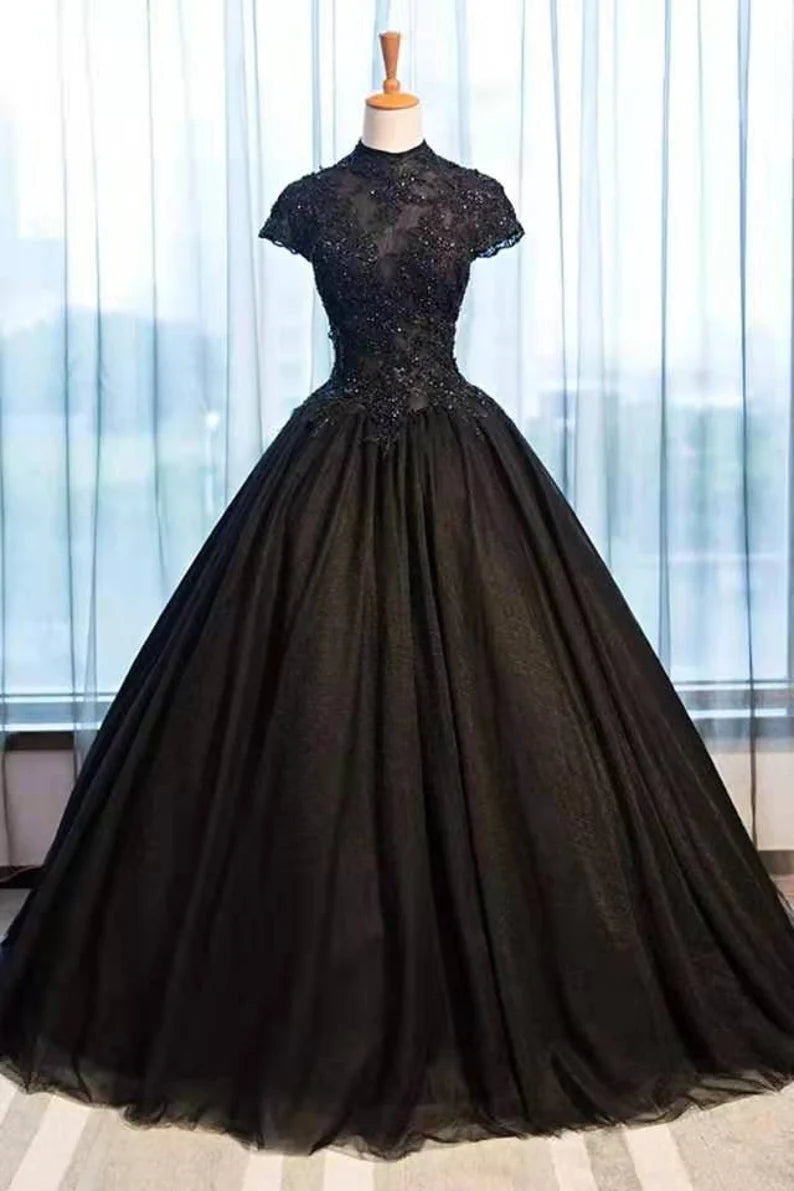 Black Cap Sleeves Long Tulle Party Dress, Black Prom Dress