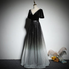Black Gradient tulle and Velvet Short Sleeves V-neckline Tulle Party Dress, Black Tulle Prom Dress