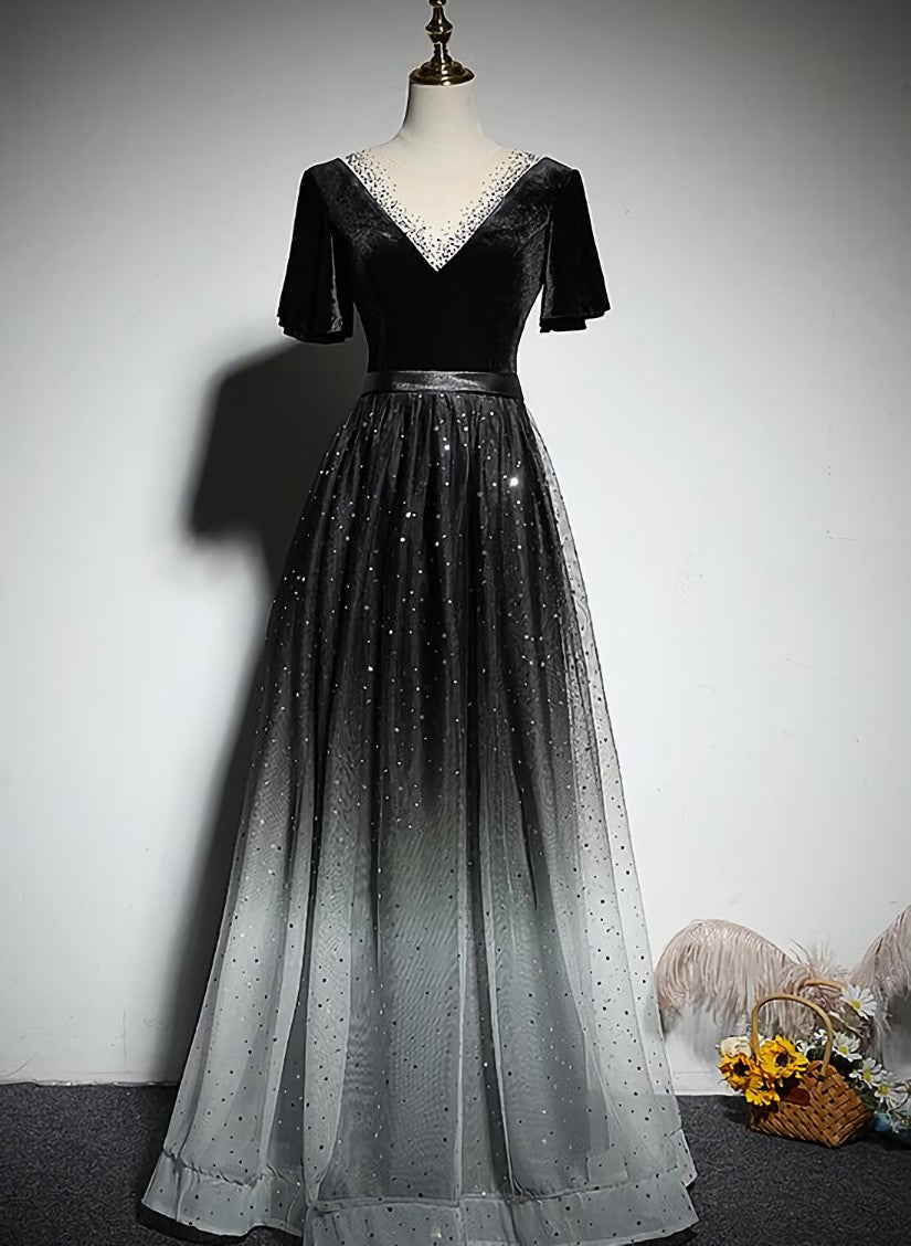 Black Gradient tulle and Velvet Short Sleeves V-neckline Tulle Party Dress, Black Tulle Prom Dress