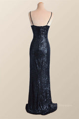 Black Sequin Straps Faux Wrap Party Dress