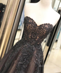 Black sweetheart neck tulle lace long prom dress, black evening dress