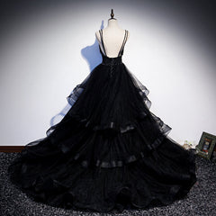 Black Tulle Layers Straps Beaded Long Evening Dress, Black Formal Dress Prom Dress