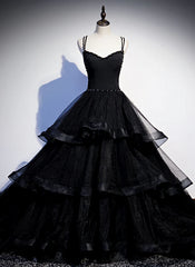Black Tulle Layers Straps Beaded Long Evening Dress, Black Formal Dress Prom Dress