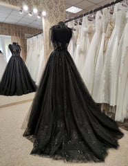 Black Tulle with Lace Straps Long Formal Dress, Black Long Evening Dress Prom Dress
