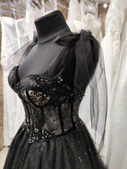Black Tulle with Lace Straps Long Formal Dress, Black Long Evening Dress Prom Dress