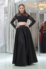 Black Two Piece Long Sleeve Floor Length Satin Prom Dresses with Lace