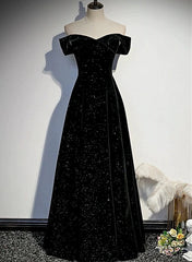 Black Velvet Off Shoulder Long Party Dress, Black Simple Prom Dress