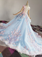 Blue and Pink Ball Gown Tulle with Flowers Sweet 16 Dress, Blue Formal Dress