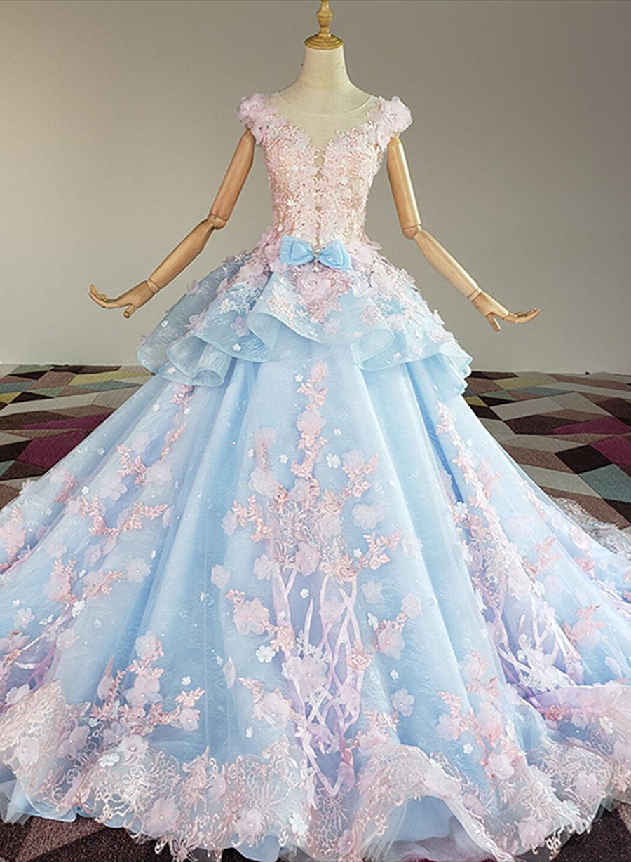 Blue and Pink Ball Gown Tulle with Flowers Sweet 16 Dress, Blue Formal Dress
