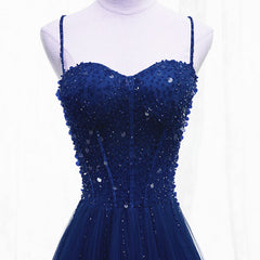 Blue Beaded Straps A-line Tulle New Prom Dress Party Dress, Blue Floor Length Party Dress