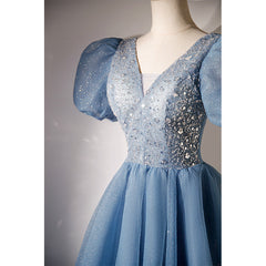 Blue Beaded Tulle Short Sleeves Formal Dresses, Blue Homecoming Dress Prom Dress