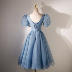 Blue Beaded Tulle Short Sleeves Formal Dresses, Blue Homecoming Dress Prom Dress