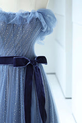 Blue Floor Length Prom Dress, A-line Strapless Tulle Evening Dress