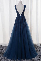Blue Long A-line Bridesmaid Dress, Dark Blue Tulle Party Dress