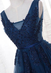 Blue Long A-line Bridesmaid Dress, Dark Blue Tulle Party Dress