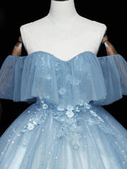 Blue Off-the-Shoulder Sequin Tulle Lace Sleeveless Lone Prom Dresses,Sweet 16 Gown